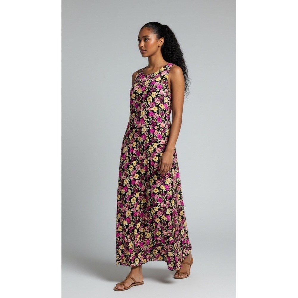 VTG Cottagecore Dress Floral Maxi Whimsygoth Black Pink Ditsy Feminine Medium